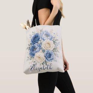 Blue & Cream Rose Floral Wedding Bridesmaids Tote Bag