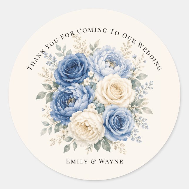 Blue & Cream Rose Floral Wedding Classic Round Sticker (Front)