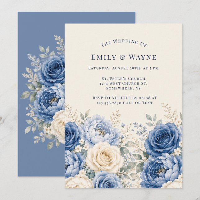 Blue & Cream Rose Floral Wedding  Invitation (Front/Back)