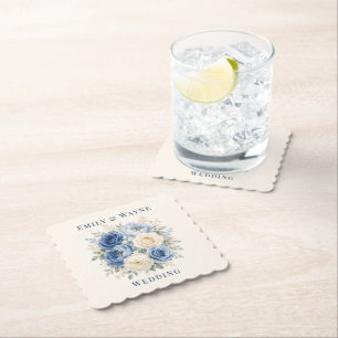 Blue & Cream Rose Floral Wedding Paper Coaster