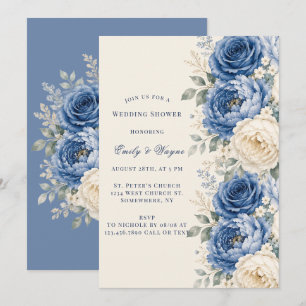 Blue & Cream Rose Floral Wedding Shower Invitation