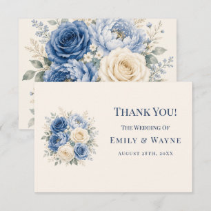Blue & Cream Rose Floral Wedding Thank You Card