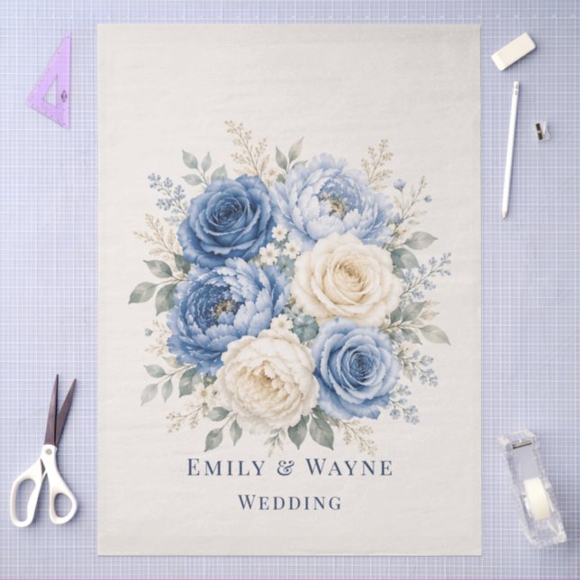 Blue & Cream Rose Floral Wedding Tissue Paper (Craft)