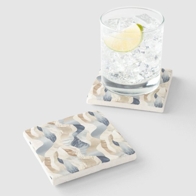 Blue Cream Sand Ivory Abstract Waves Beach  Stone Coaster (Side)