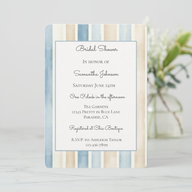 Blue Cream Stripes Bridal Shower   Invitation (Standing Front)