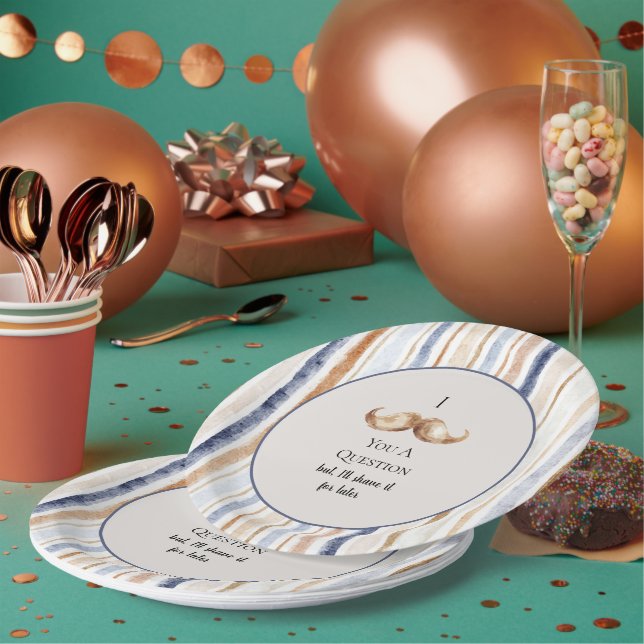 Blue Cream Stripes Moustache You A Question Paper Plate (Multi)