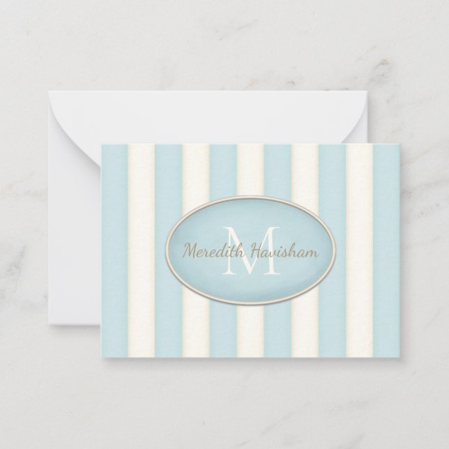 Blue & Cream Stripes Oval Framed Monogram Custom Card (Front)
