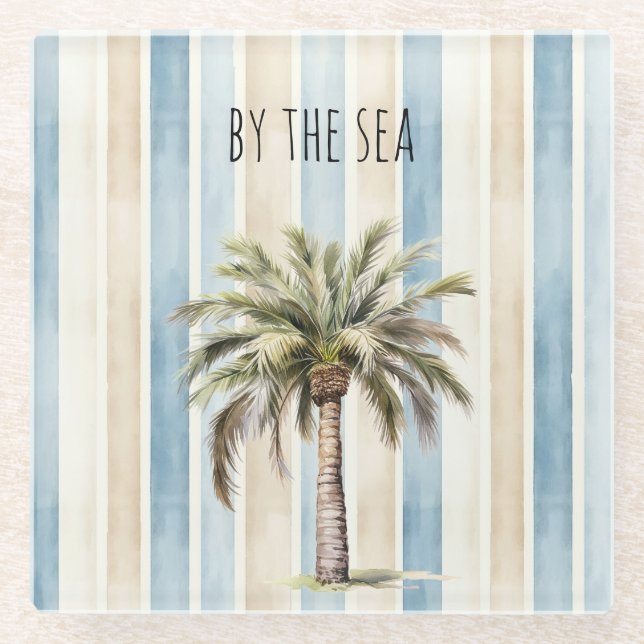 Blue Cream Stripes Tropical Palm Tree Glass Coaster (Front)