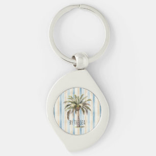Blue Cream Stripes Tropical Palm Tree Key Ring