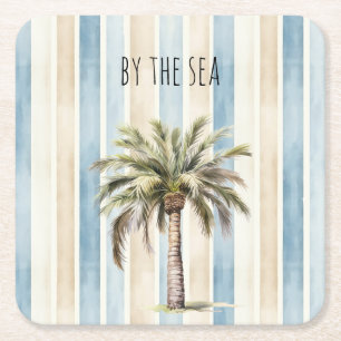 Blue Cream Stripes Tropical Palm Tree Square Paper Coaster