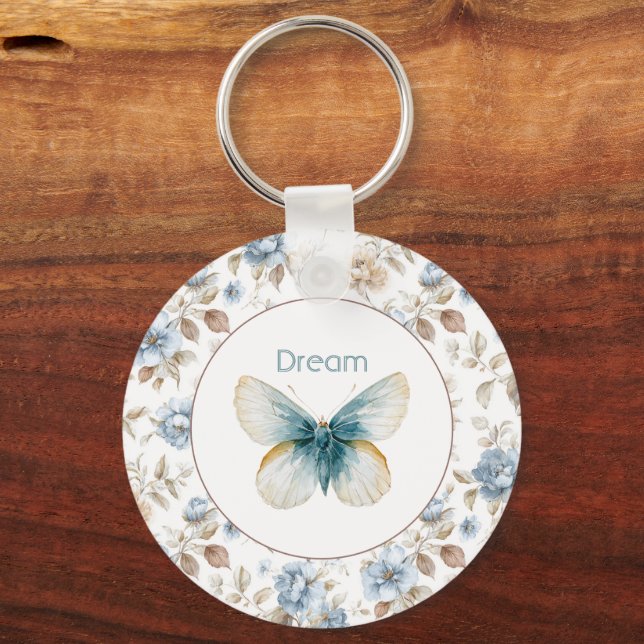 Blue Cream Tan Brown Flowers Butterfly Key Ring (Front)