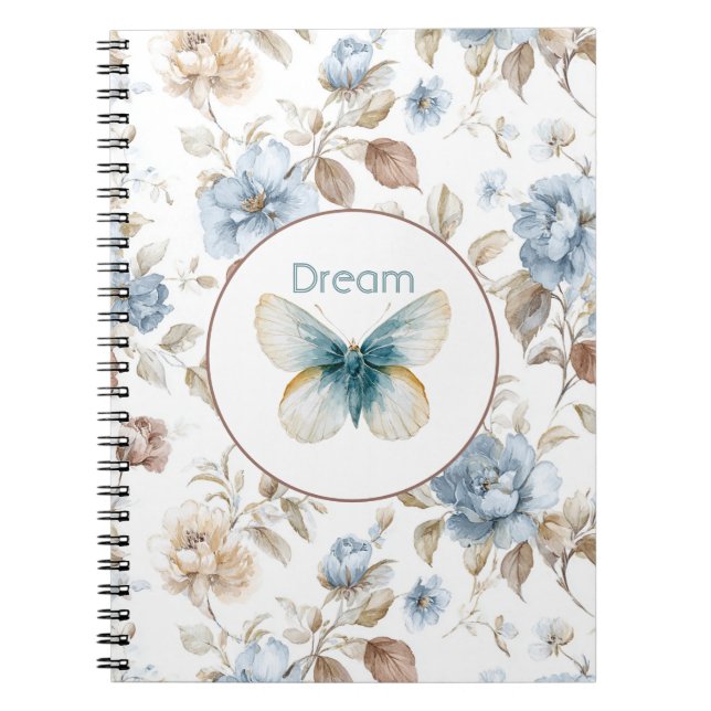 Blue Cream Tan Brown Flowers Butterfly Notebook (Front)