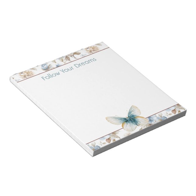 Blue Cream Tan Brown Flowers Butterfly Notepad (Angled)
