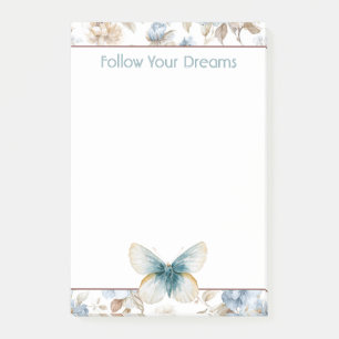 Blue Cream Tan Brown Flowers Butterfly Post-it Notes