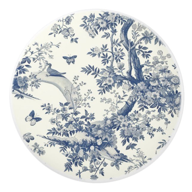 Blue Cream Toile Flowering Branch Ceramic Knob (Front)
