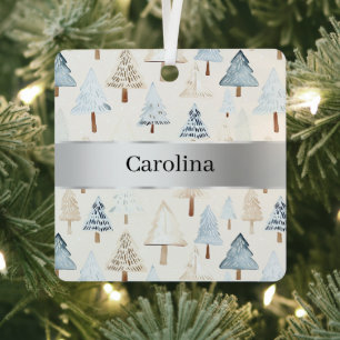 Blue Cream Trees Silver Ribbon Christmas Metal Tree Decoration