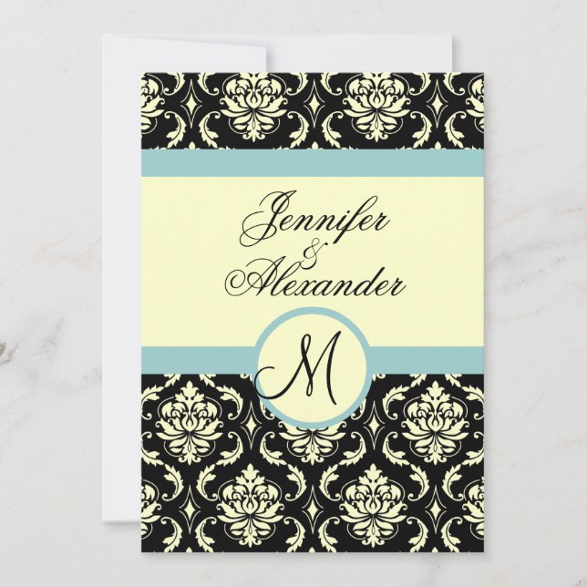 Blue Cream  Wedding Monogram Damask Invitation (Front)