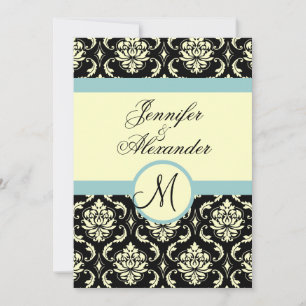 Blue Cream  Wedding Monogram Damask Invitation