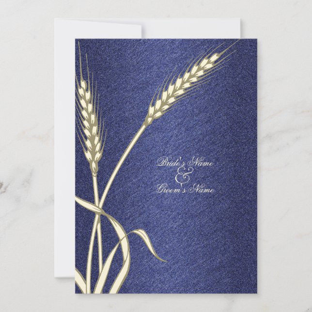 Blue cream wedding wheat flower invitation (Front)