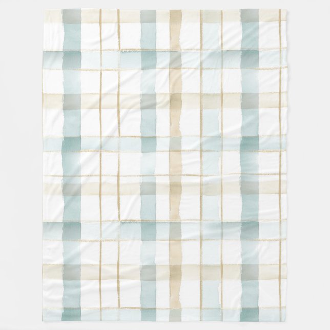 Blue Cream White Plaid Fleece Blanket (Front)