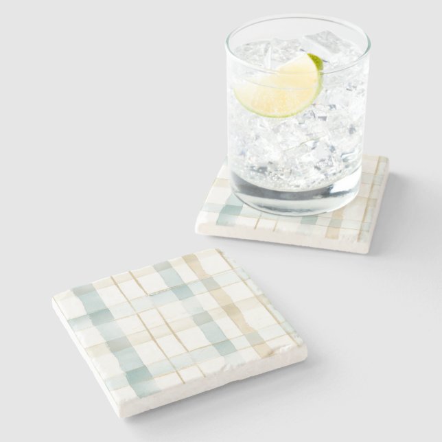 Blue Cream White Plaid Stone Coaster (Side)