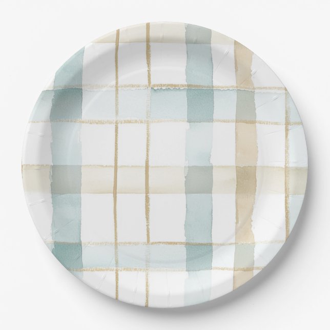 Blue Cream White Plaid Stripes Birthday Paper Plate (Front)