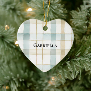 Blue Cream White Plaid Stripes Christmas Ceramic Tree Decoration