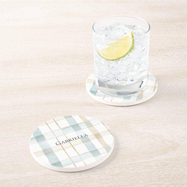 Blue Cream White Plaid Stripes  Coaster (Side)