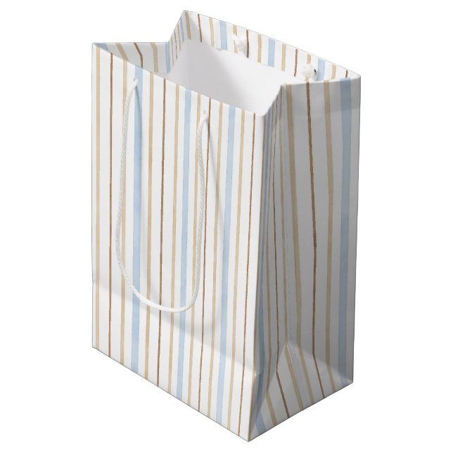 Blue Cream White Stripes Bridal Shower Medium Gift Bag (Front Angled)