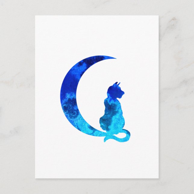 Blue Crescent Moon and Cat Postcard (Front)