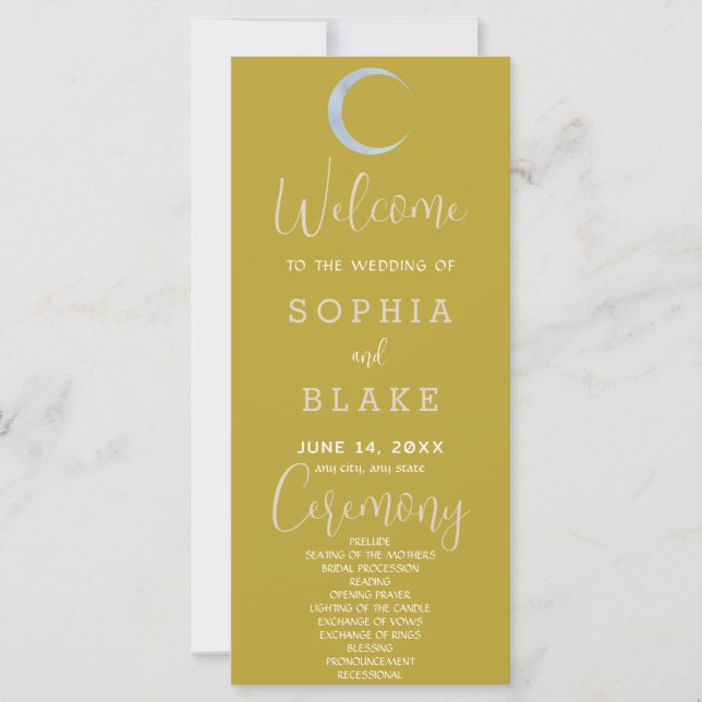 Blue Crescent Moon Celestial Gold Wedding Program (Front)