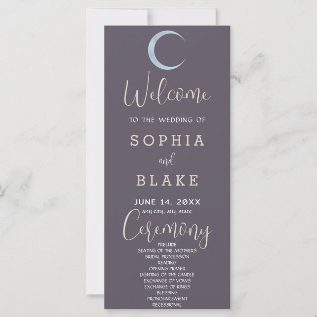 Blue Crescent Moon Smoke Grey Wedding Program (Front)