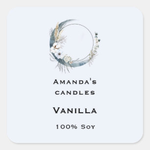 Blue Crescent Moon White Flowers Candle Business Square Sticker