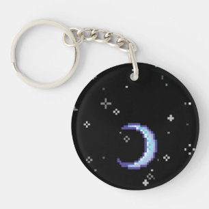 Blue Crescent Moon With Stars Pixel Art Key Ring