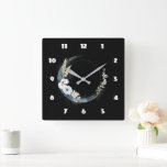 Blue Crescent Moon with White Flowers<br><div class="desc">A clock with a mystical illustration. A dark blue crescent moon with a elegant thin circle outline and white flower blossoms along its edges.</div>