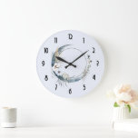 Blue Crescent Moon with White Flowers<br><div class="desc">A clock with a mystical illustration. A dark blue crescent moon with a elegant thin circle outline and white flower blossoms along its edges.</div>