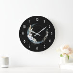 Blue Crescent Moon with White Flowers<br><div class="desc">A clock with a mystical illustration. A dark blue crescent moon with a elegant thin circle outline and white flower blossoms along its edges.</div>