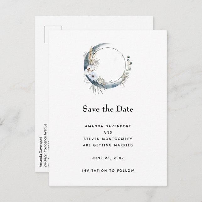 Blue Crescent Moon with White Flowers Announcement Postcard (Front/Back)
