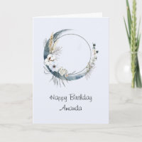Blue Crescent Moon with White Flowers Birthday