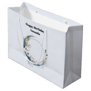 Blue Crescent Moon with White Flowers Birthday Large Gift Bag