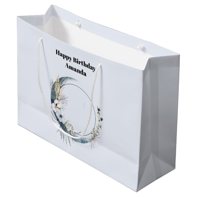 Blue Crescent Moon with White Flowers Birthday Large Gift Bag (Front Angled)