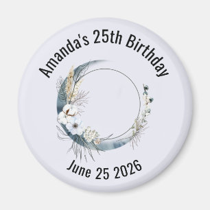 Blue Crescent Moon with White Flowers Birthday Magnet