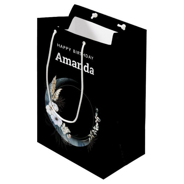 Blue Crescent Moon with White Flowers Birthday Medium Gift Bag (Front Angled)