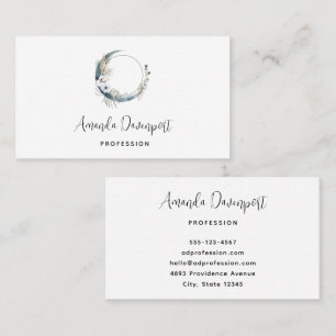 Blue Crescent Moon with White Flowers Business Card