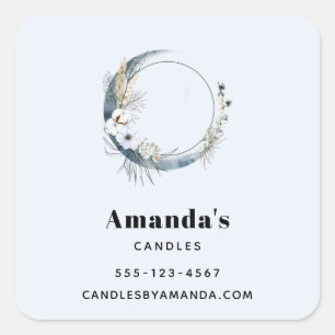 Blue Crescent Moon with White Flowers Business Square Sticker