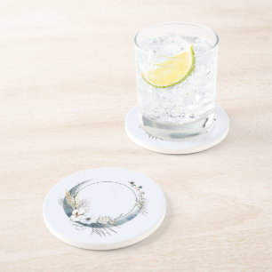 Blue Crescent Moon with White Flowers Coaster
