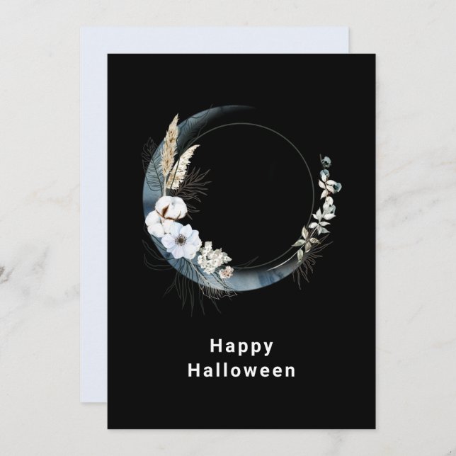 Blue Crescent Moon with White Flowers Halloween Holiday Card (Front/Back)