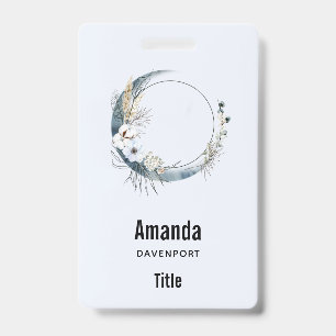 Blue Crescent Moon with White Flowers ID Badge