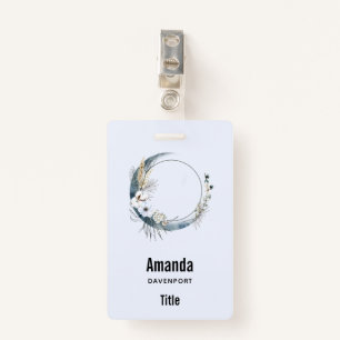 Blue Crescent Moon with White Flowers ID Badge