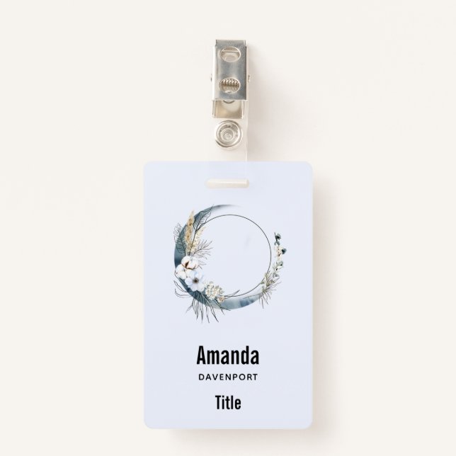 Blue Crescent Moon with White Flowers ID Badge (Front with Clip)